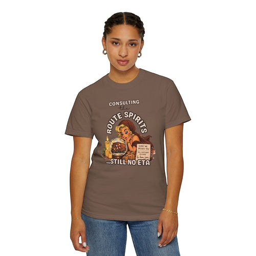 Route Society brown cotton graphic tee with "Consulting the Route Spirits...Still No ETA" text and vintage illustration.