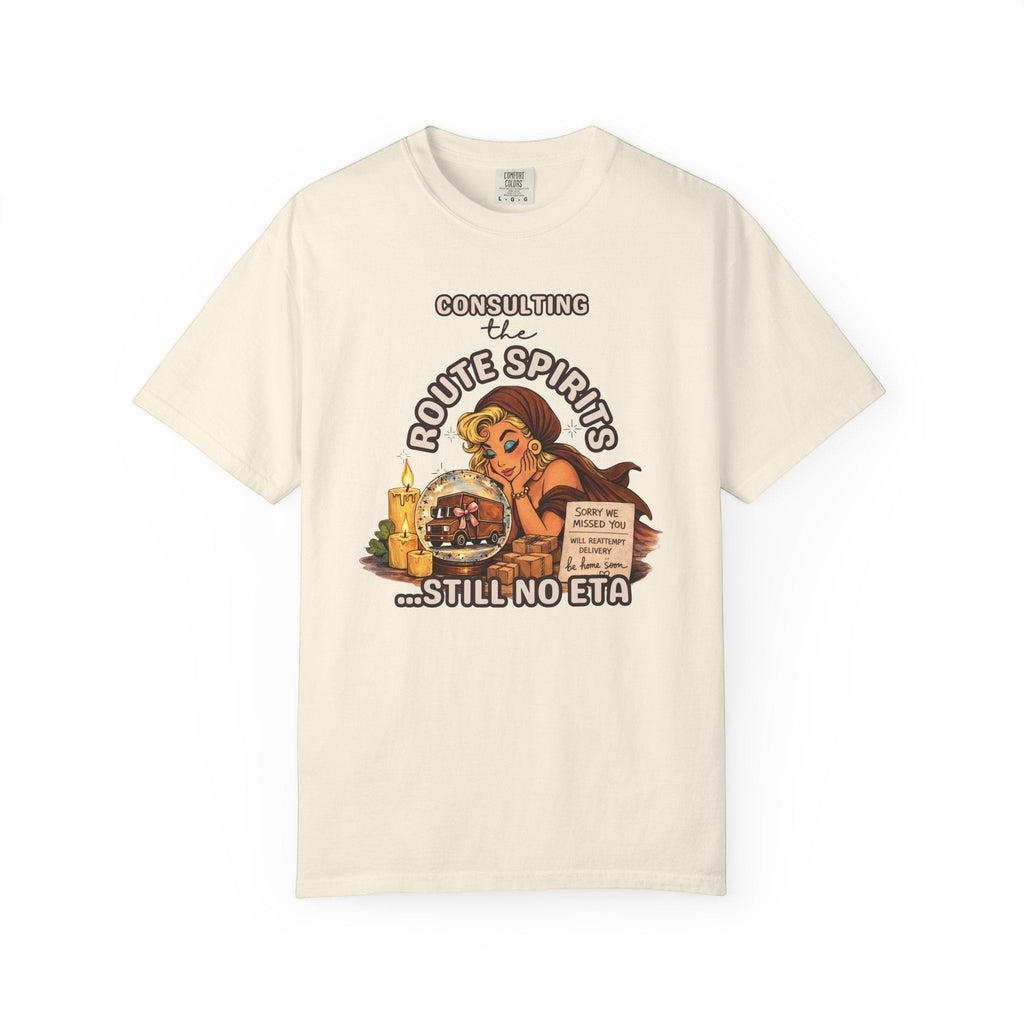 Route Society cream cotton graphic tee with "Consulting the Route Spirits...Still No ETA" text and vintage illustration.
