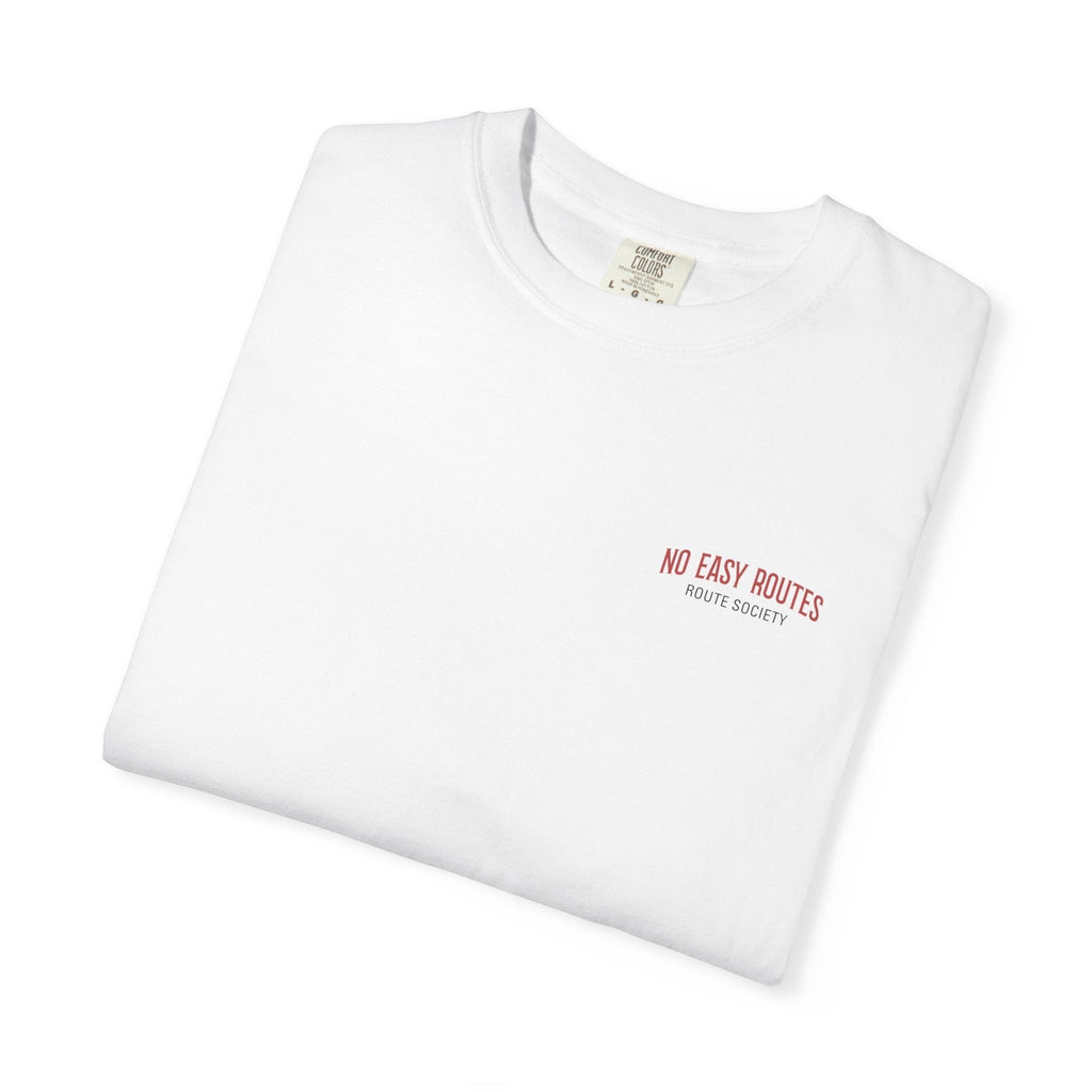 Route Society white 100% cotton t-shirt with red "No Easy Routes" graphic on chest.