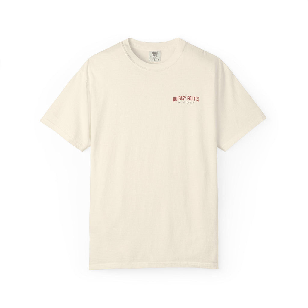 Route Society cream 100% cotton t-shirt with red "No Easy Routes" graphic on chest.
