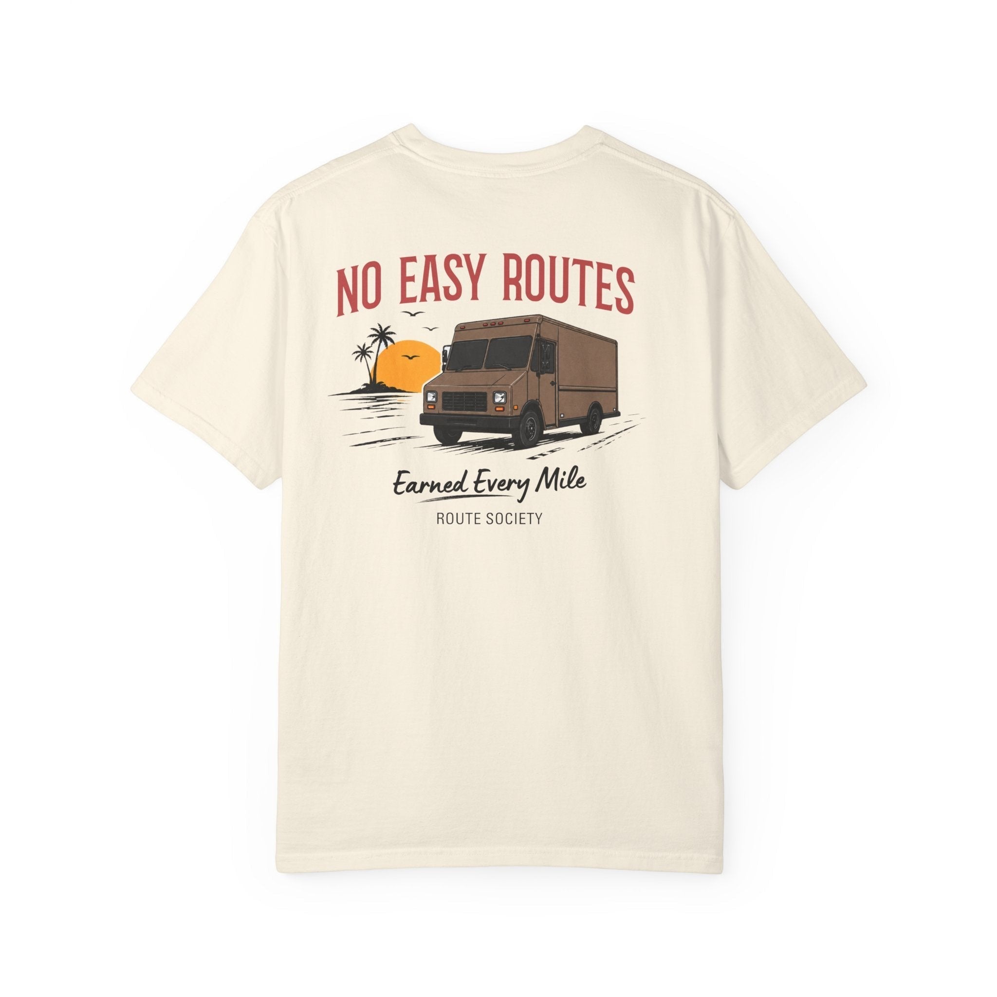 Route Society cream 100% cotton t-shirt with "No Easy Routes" graphic of a camper van at sunset.