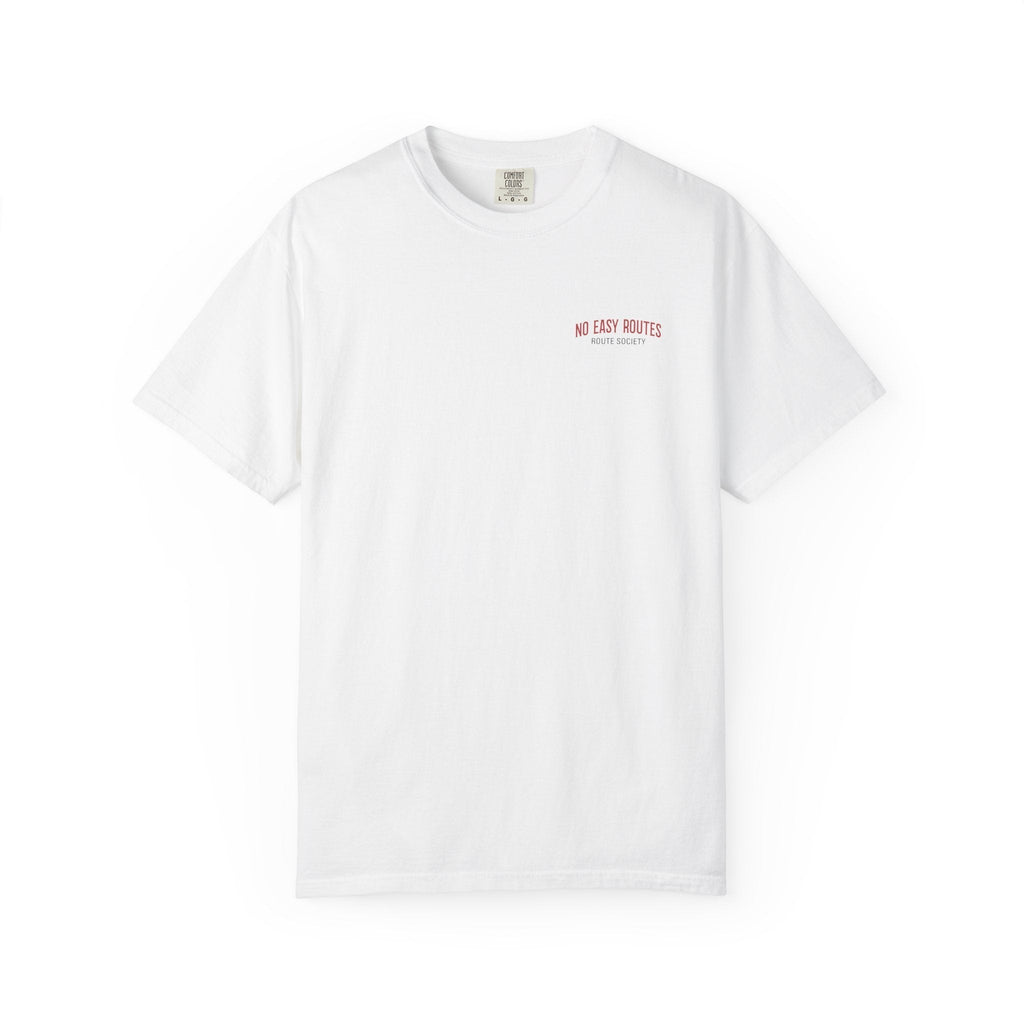 Route Society white 100% cotton t-shirt with "No Easy Routes" graphic on chest. Relaxed fit, garment-dyed.