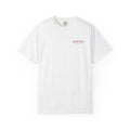 Route Society white 100% cotton t-shirt with "No Easy Routes" graphic on chest. Relaxed fit, garment-dyed.