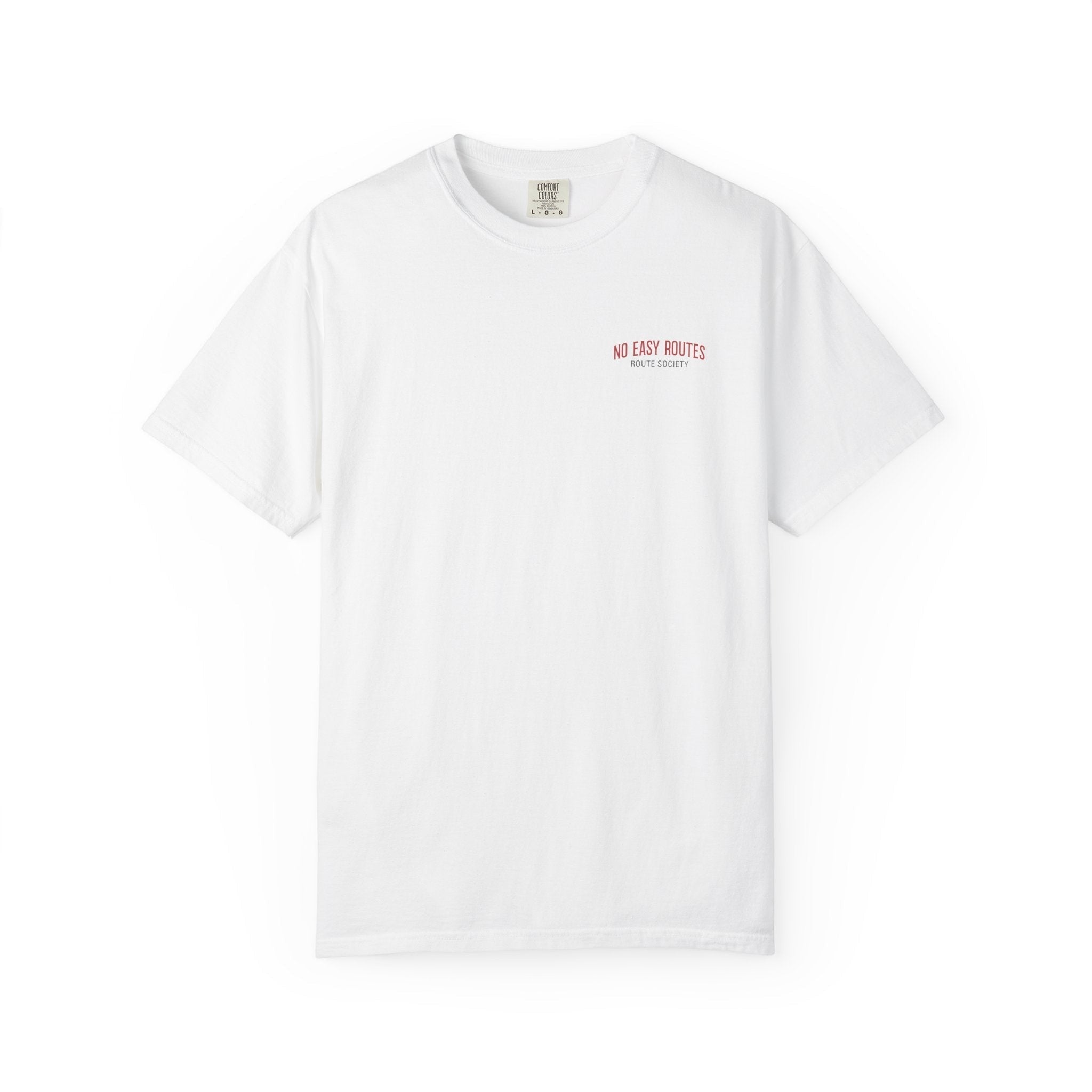 Route Society white 100% cotton t-shirt with "No Easy Routes" graphic on chest. Relaxed fit, garment-dyed.