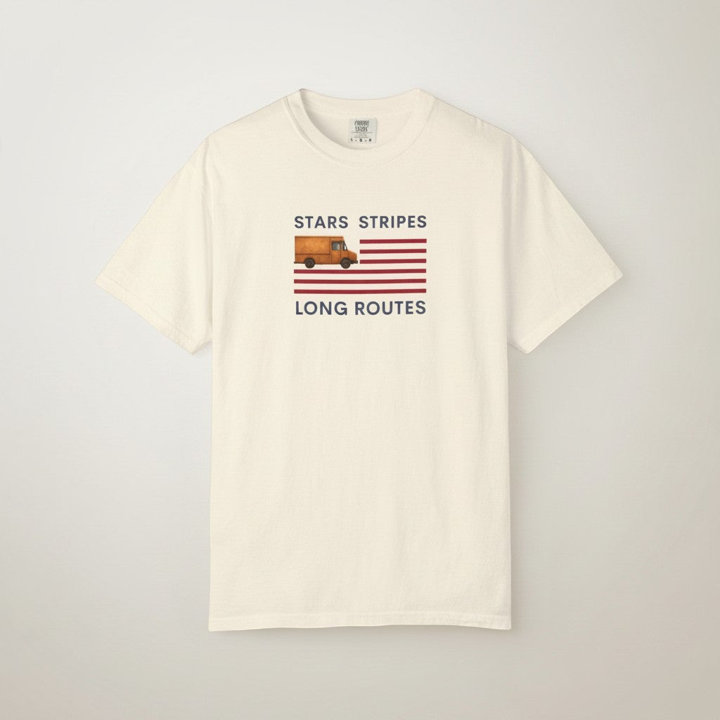 Route Society cream US cotton tee with Stars Stripes Long Routes graphic featuring a vintage delivery truck and American flag.