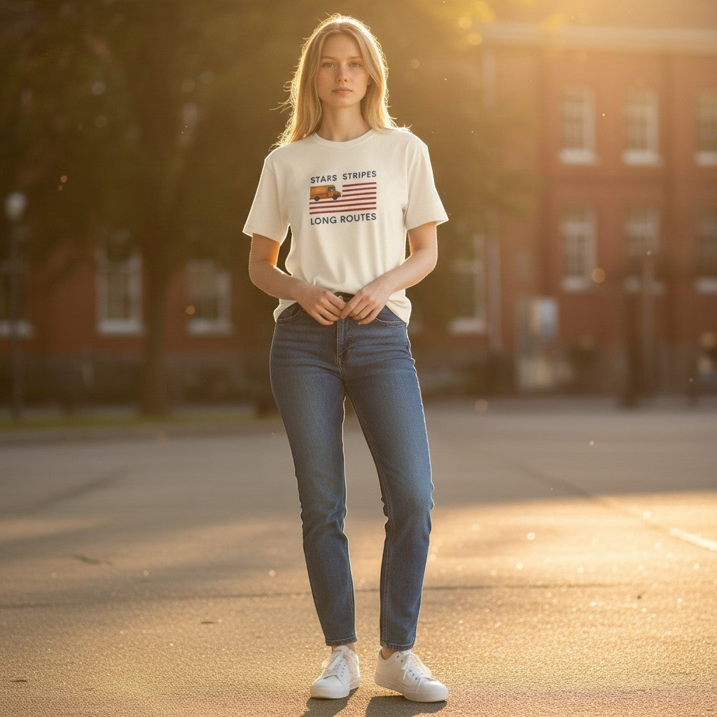 Route Society cream cotton tee with Stars Stripes & Long Routes graphic featuring a vintage delivery truck on a US flag.