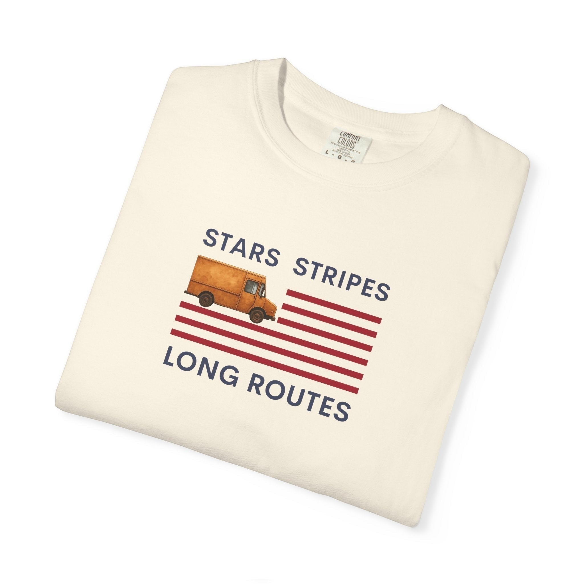 Route Society Stars Stripes & Long Routes patriotic graphic tee with vintage delivery truck on US flag.