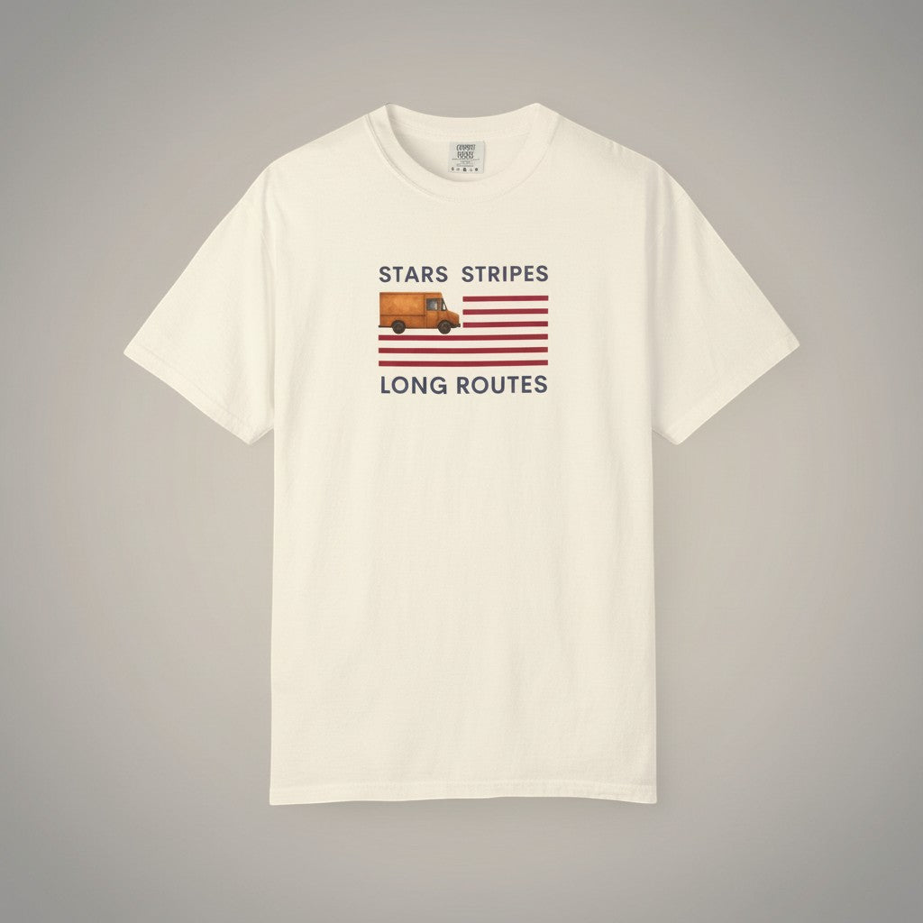 Route Society cream US cotton tee with Stars Stripes Long Routes graphic featuring a vintage delivery truck and American flag.