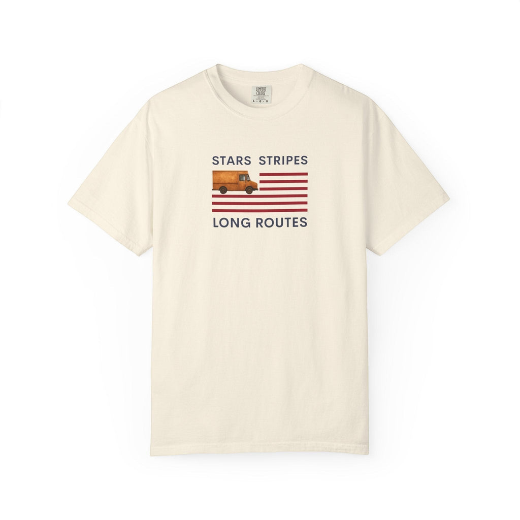 Route Society cream cotton t-shirt with Stars Stripes & Long Routes graphic featuring a vintage delivery truck and American flag.