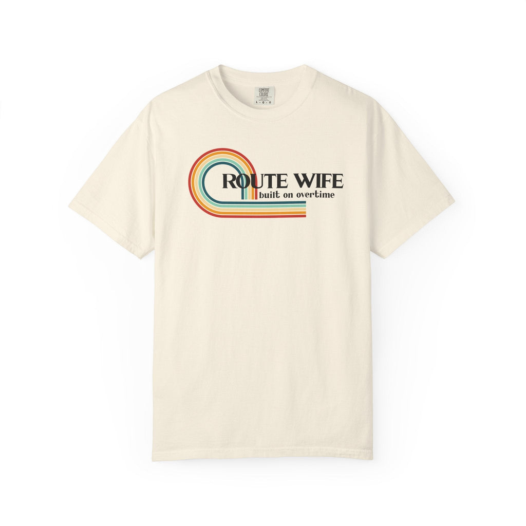 Route Society cream cotton t-shirt with retro rainbow graphic and "Route Wife built on overtime" text.
