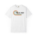 Route Society white 100% cotton t-shirt with retro rainbow graphic and "Route Wife built on overtime" text.