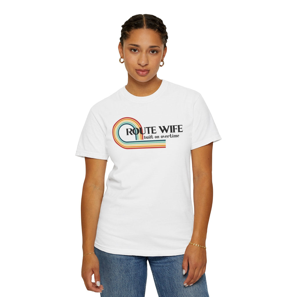Route Society white cotton t-shirt with retro rainbow graphic and "Route Wife built on overtime" text.