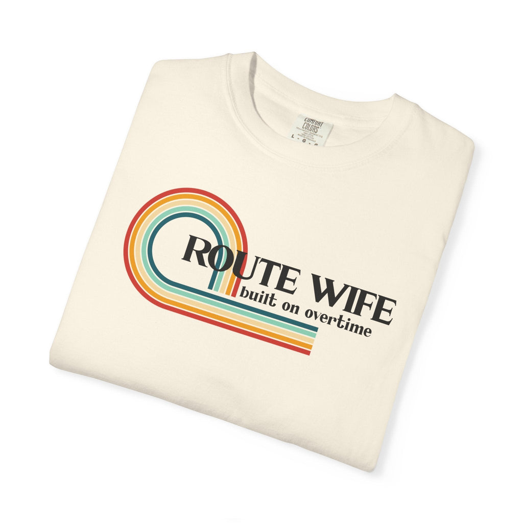 Route Society Route Wife built on overtime retro graphic tee in cream cotton with vintage rainbow stripes.