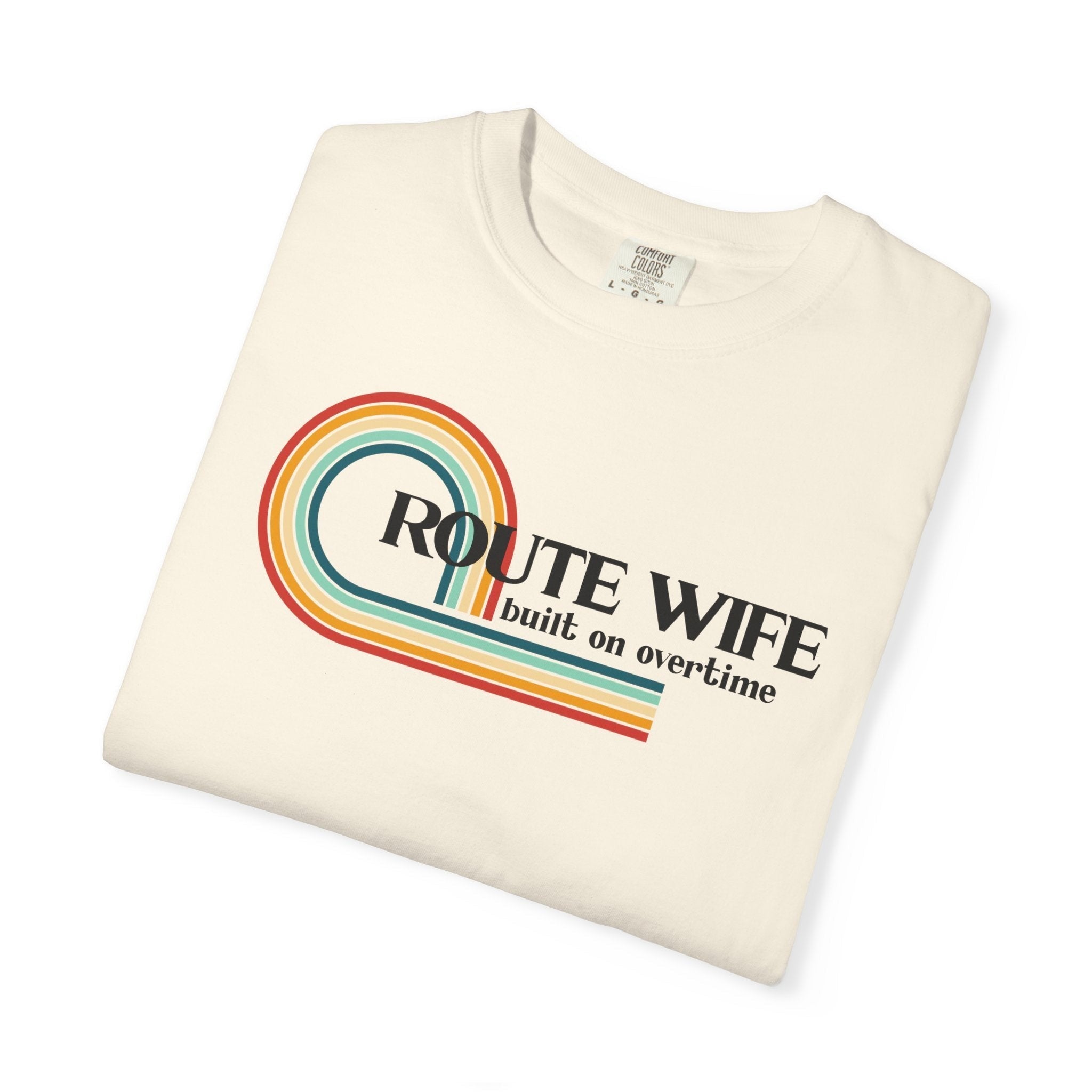 Route Society Route Wife built on overtime retro graphic tee in cream cotton with vintage rainbow stripes.