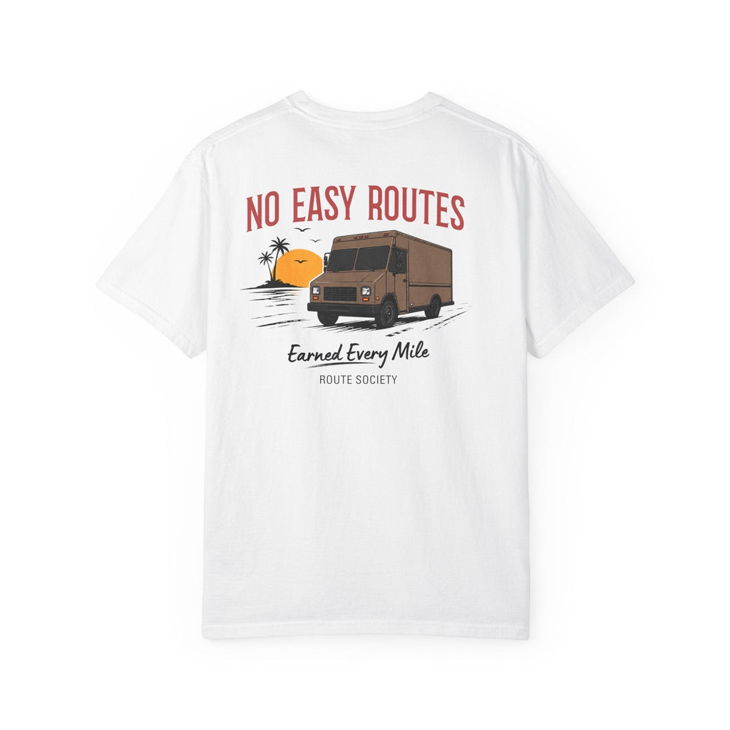 Route Society white 100% cotton t-shirt with a graphic of a brown camper van driving past a sunset.